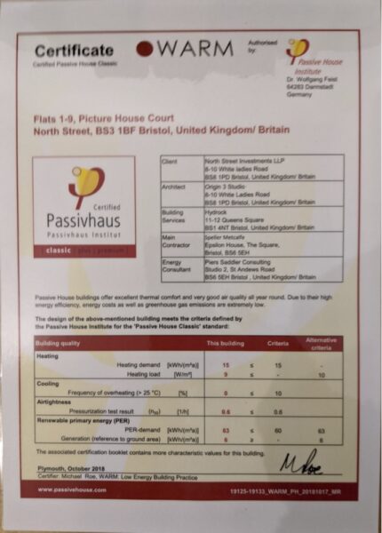Passivhaus Certificate for Passivhaus private housing